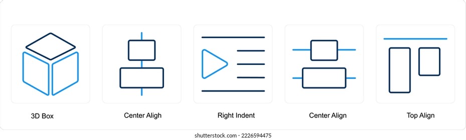 A set of 5 editing tools icons such as 3d box, center align