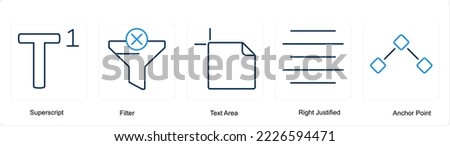 A set of 5 editing tools icons such as superscript, filter