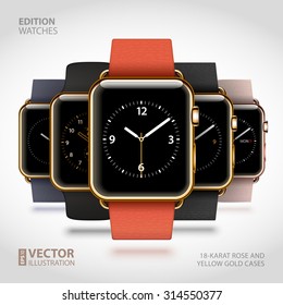 Set of 5 edition modern shiny golden smart watches with soft modern buckle bracelets and sport bands isolated on white background. RGB EPS 10 vector illustration