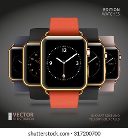 Set of 5 edition modern shiny golden smart watches with soft modern buckle bracelets and sport bands isolated on black background. RGB EPS 10 vector illustration