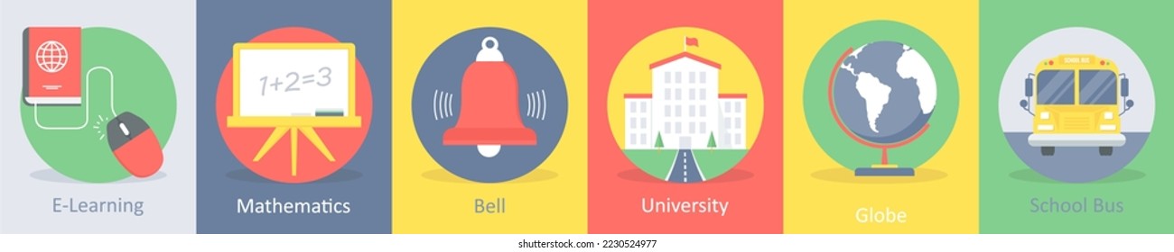 A set of 5 education flat icons such as e-learning, mathematics