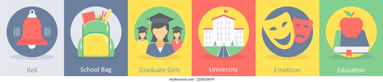 A set of 5 education flat icons such as bell, school bag, graduate girls