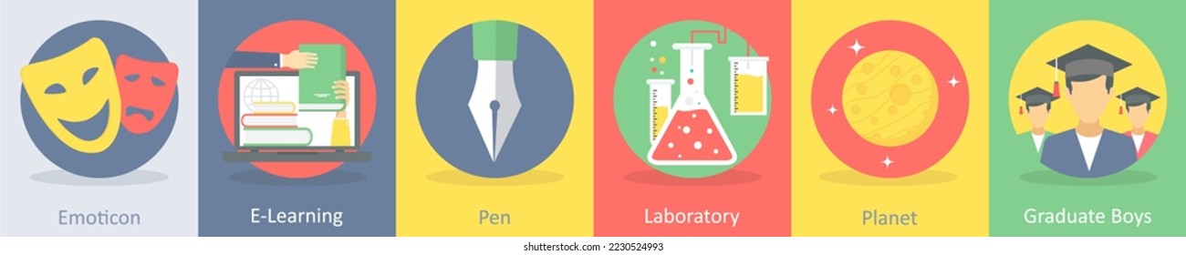 A set of 5 education flat icons such as emoticon, e-learning
