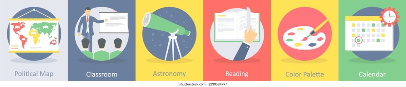 A set of 5 education flat icons such as political map, classroom