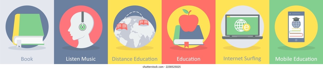 A set of 5 education flat icons such as book, listen music