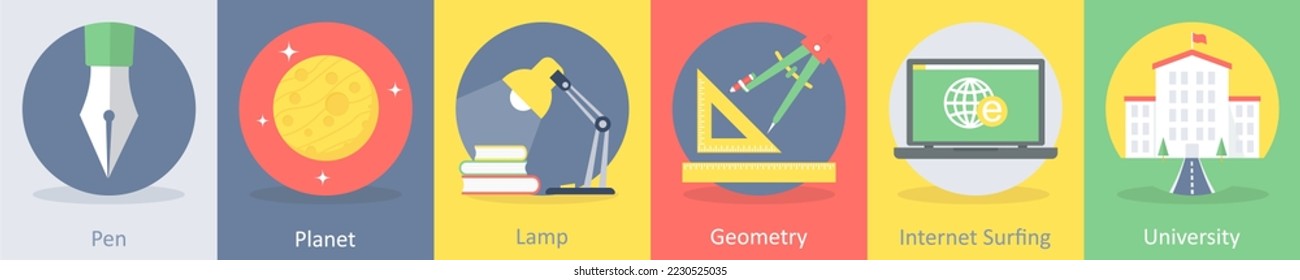 A set of 5 education flat icons such as pen, planet, lamp