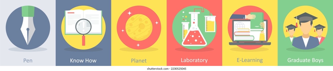 A set of 5 education flat icons such as pen, know how