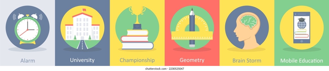 A set of 5 education flat icons such as alarm, university, school