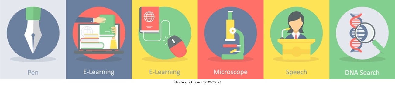 A set of 5 education flat icons such as pen, e-learning, microscope
