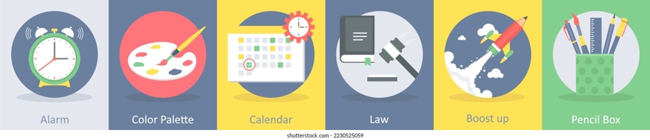A set of 5 education flat icons such as alarm, color palette