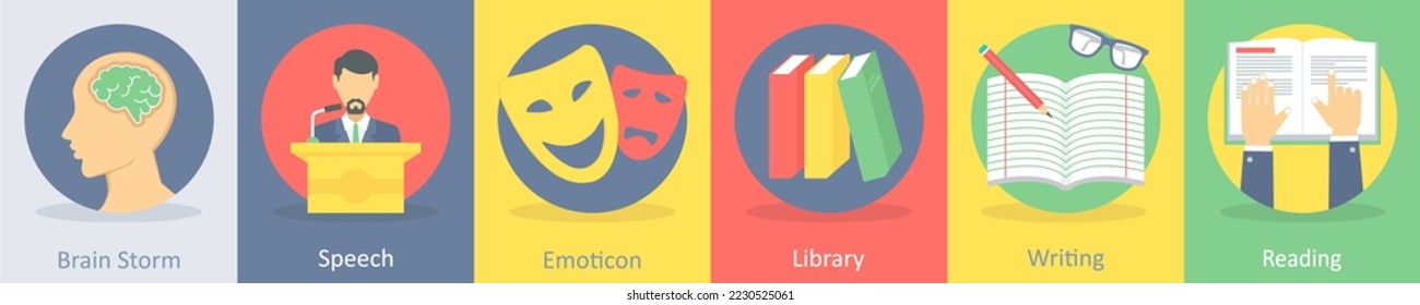 A set of 5 education flat icons such as brain storm, speech