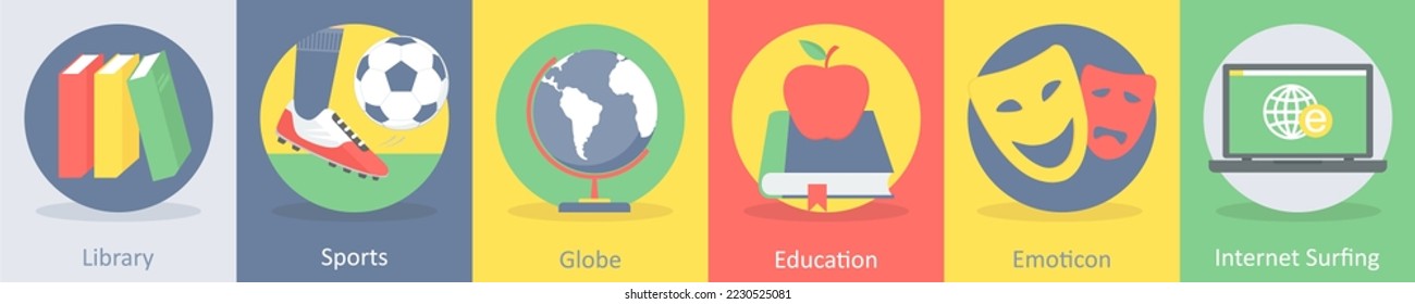 Un conjunto de 5 íconos planos educativos como biblioteca, deportes, globo