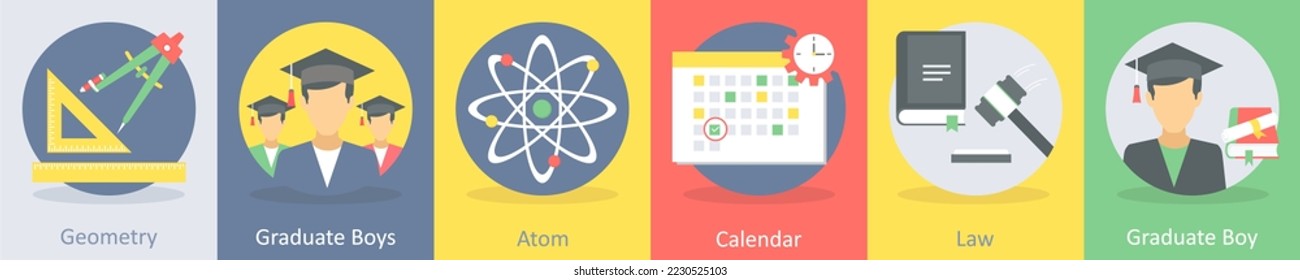 A set of 5 education flat icons such as geometry, graduate boys