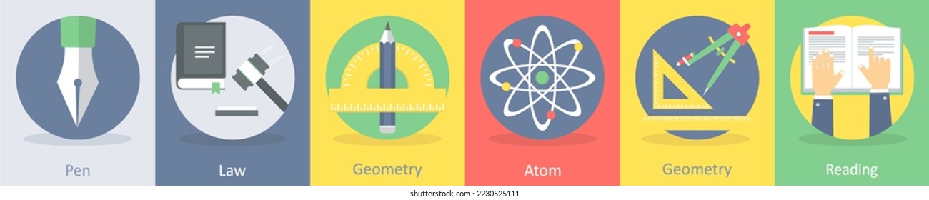 Eine Reihe von 5 Bildungs-flachen Symbolen wie Stift, Gesetz, Geometrie