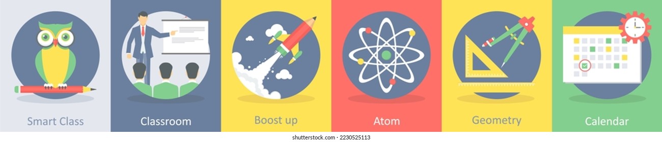 A set of 5 education flat icons such as smart class, classroom