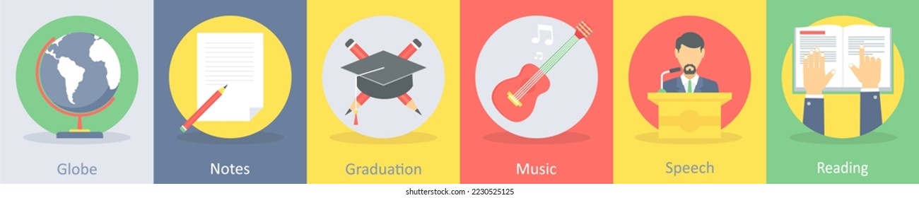Un conjunto de 5 íconos planos de educación como globo, notas, graduación