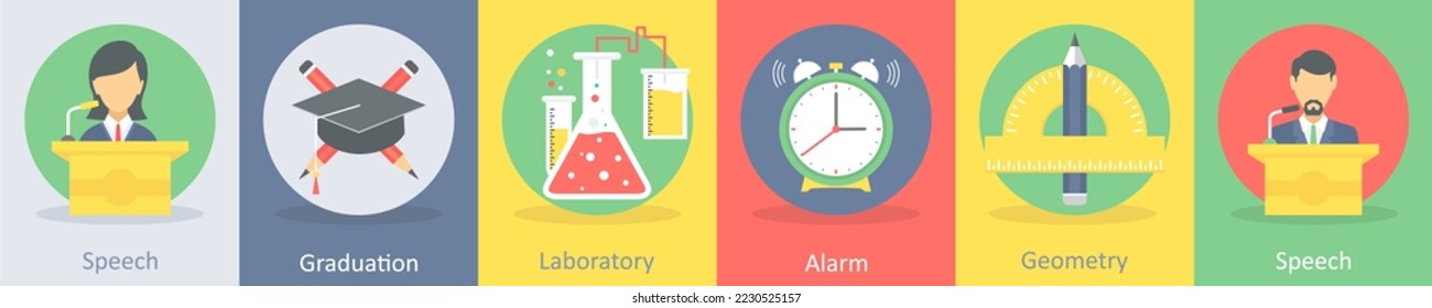 A set of 5 education flat icons such as speech, lecture, graduation
