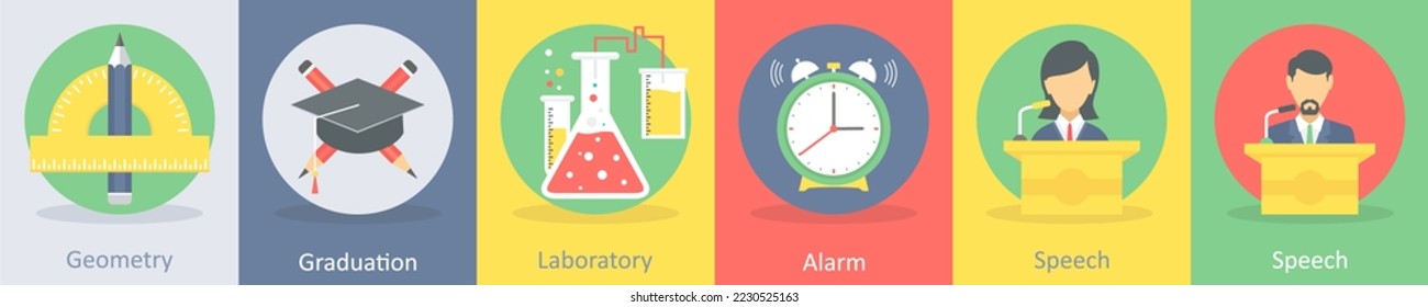 A set of 5 education flat icons such as geometry, graduation
