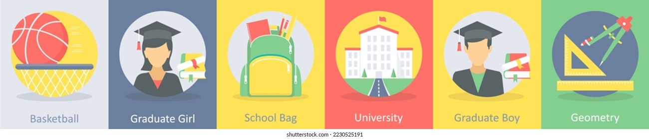 A set of 5 education flat icons such as basketball, graduate girl