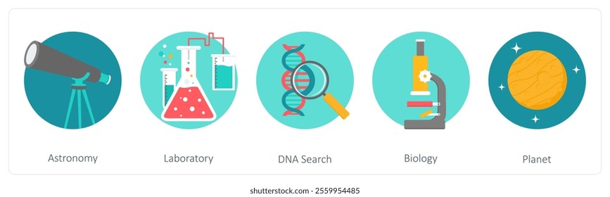 A set of 5 education icons as astronomy, laboratory, dna search