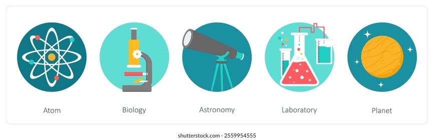 A set of 5 education icons as atom, biology, astronomy