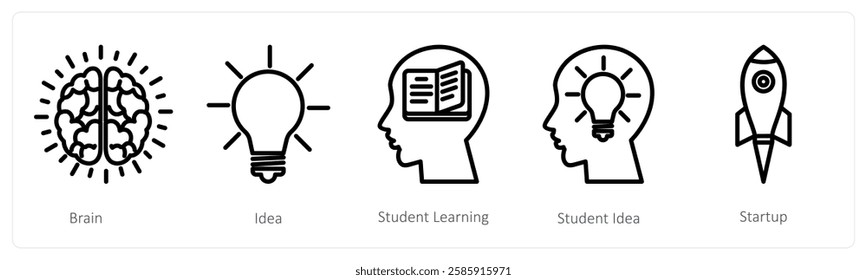 A set of 5 education icons as brain, idea, student learning