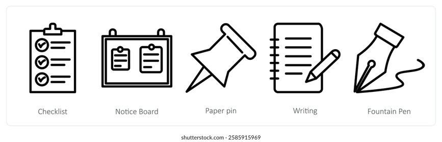 A set of 5 education icons as checklist, notice board, paper pin