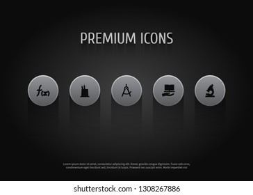 Set of 5 education icons set. Collection of pencil stand, dividers measurement, mathematics elements.