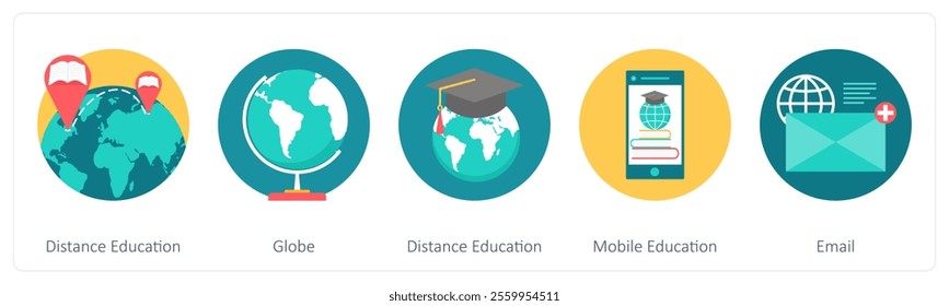 A set of 5 education icons as distance education, globe, mobile education