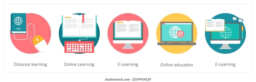 A set of 5 education icons as distance learning, online learning, e learning