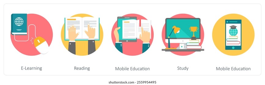 A set of 5 education icons as e learning, reading, mobile education