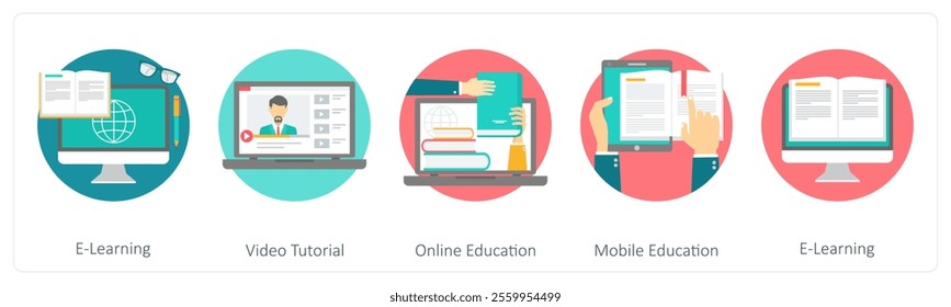 A set of 5 education icons as e larning, video tutorial, online education
