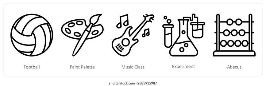 A set of 5 education icons as football, paint palette, music class