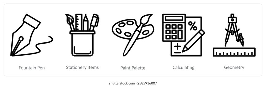 A set of 5 education icons as fountain pen, stationery items, paint palette