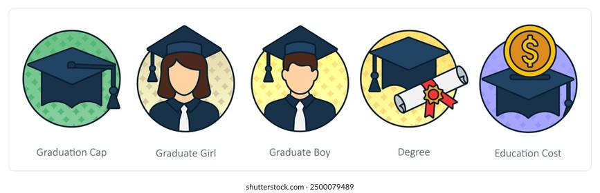 A set of 5 Education icons as graduction cap, graduate girl, graduate boy