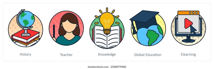 A set of 5 Education icons as history, teacher, knowledge