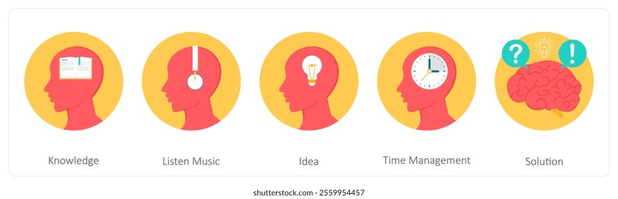 A set of 5 education icons as knowledge, listen music, idea