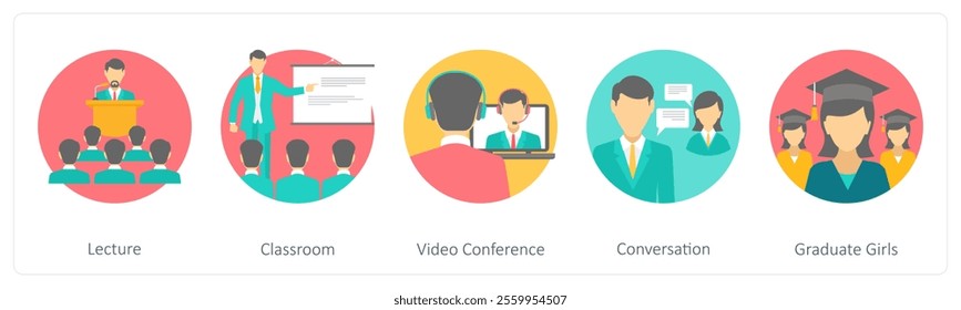 A set of 5 education icons as lecture, classroom, video conference