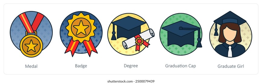 A set of 5 Education icons as medal, badge, degree