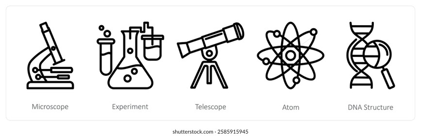A set of 5 education icons as microscope, experiment, telescope