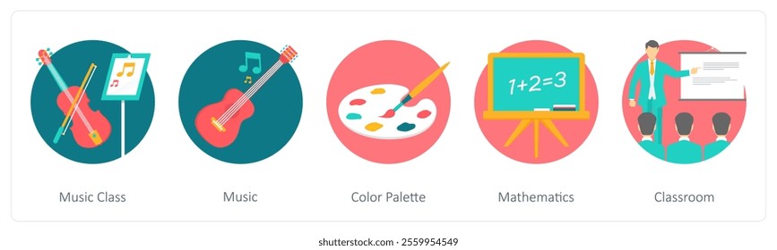 A set of 5 education icons as music class, music, color palette