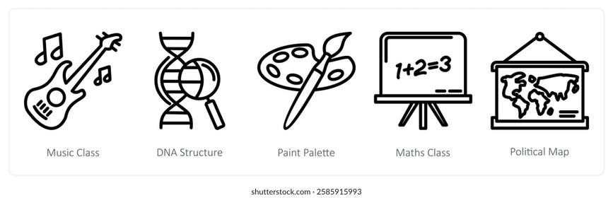 A set of 5 education icons as music class, dna structure, paint palette