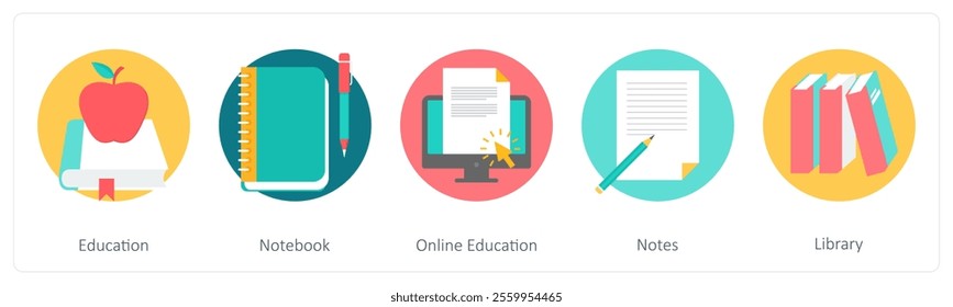A set of 5 education icons as education, notebook, online education
