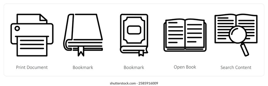 A set of 5 education icons as print document, bookmark, open book