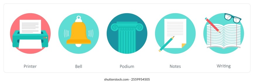 A set of 5 education icons as printer, bell, podium