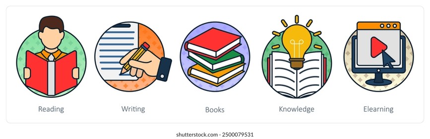 A set of 5 Education icons as reading, writing, books