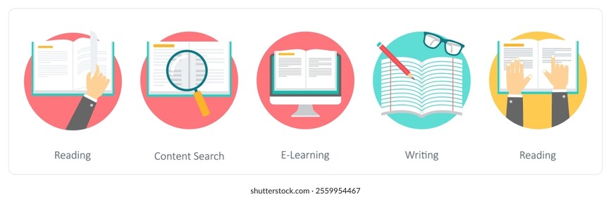 A set of 5 education icons as reading, content search, e learning