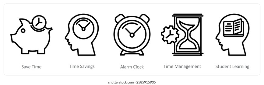 A set of 5 education icons as save time, time savings, alarm clock