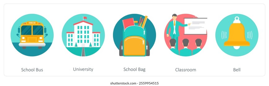 A set of 5 education icons as school bus, university, school bag