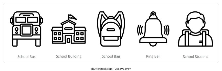 A set of 5 education icons as school bus, school building, school bag